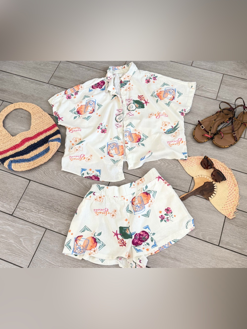 Two-Piece set Tropical Print Set in Cream with Coral & Teal Accents